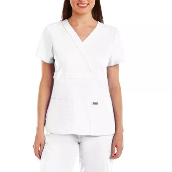 GREY'S ANATOMY Barco Womens Sz XL  White 3 Pocket Mock Wrap Style 4153 Scrub Top - Picture 8 of 8